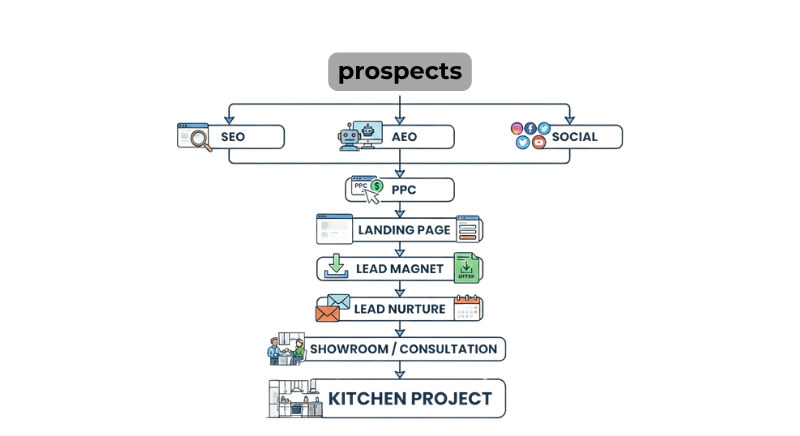 A diagram explaining how the lead rescuer system works as one. From seo&aeo, social media content and ppc ads to the lead nurture sequence.