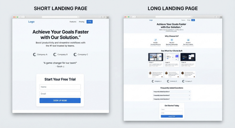 A comparison between a short and long landing page