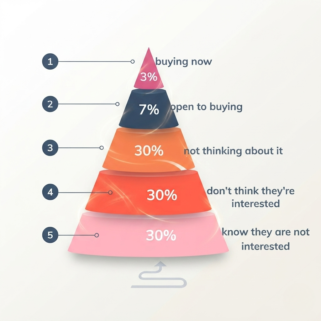 A recreation of the buyer's pyramid, showing the 5 level of readiness to buy 