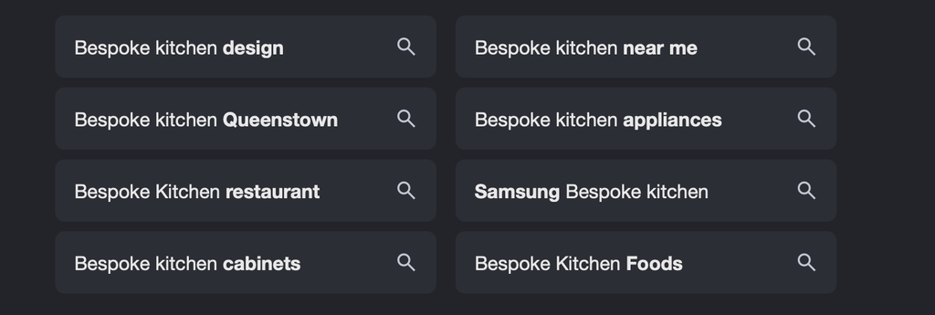 Google's bottom of the page suggestions for the search term "bespoke kitchen"