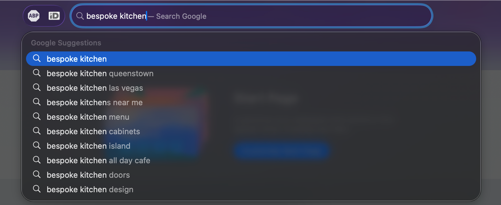 Google's suggestions for the search term "bespoke kitchen"